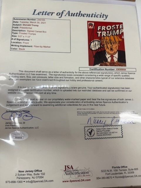 Frosted Trumps Autographed Cereal Box JSA LOA Trump Certified Signature & PSADNA