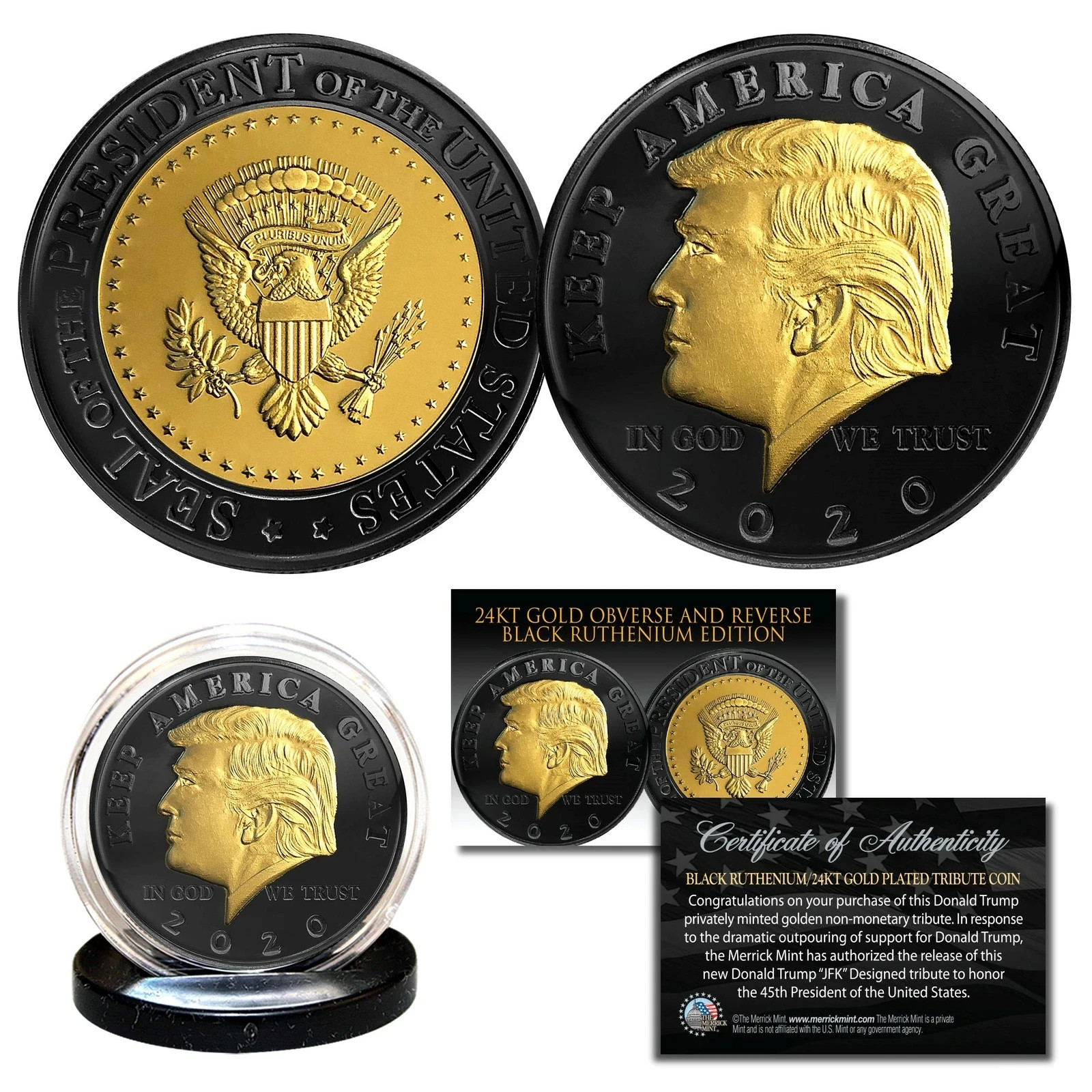 Donald Trump 2020 Black Ruthenium 24kt Gold Plated Tribute Coin Merrick Mint
