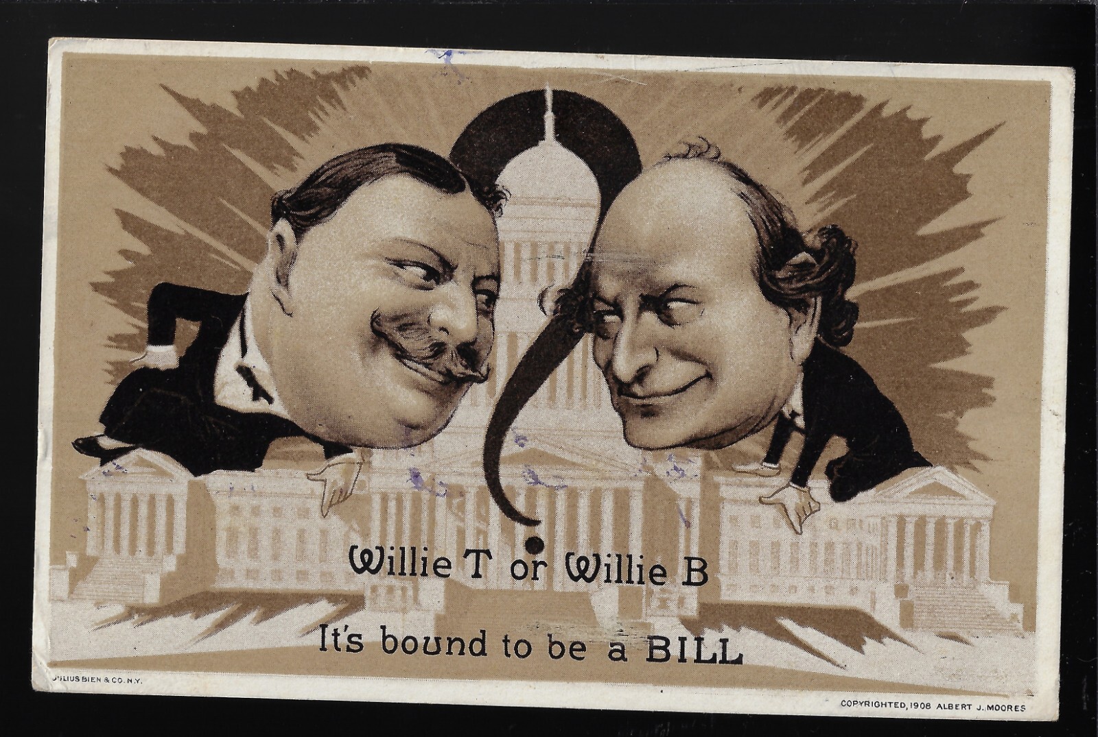 Classic 1908 Presidential Campaign Postcard ‘toon Taft & Bryan Over White House