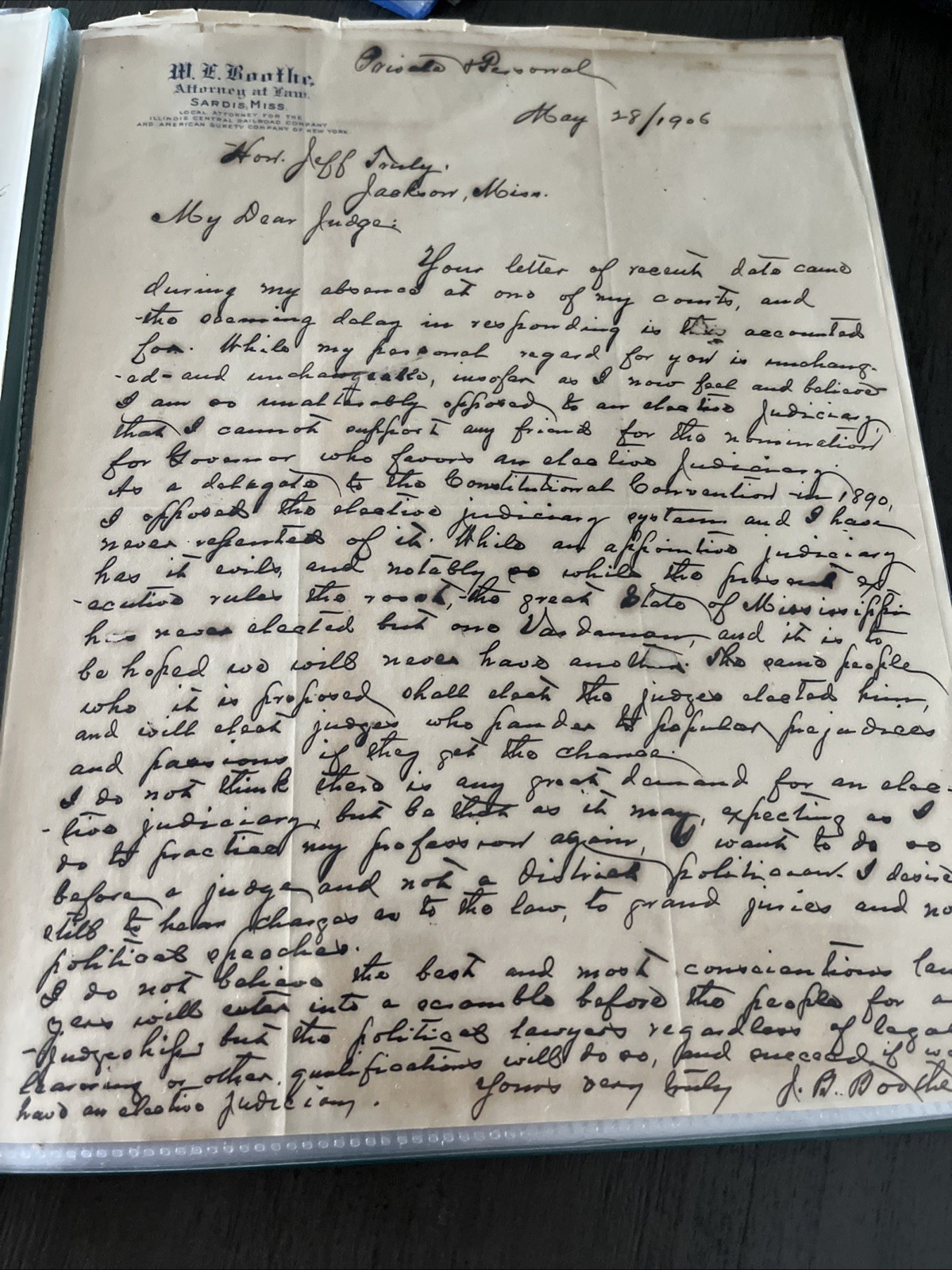 1906 Mississippi Political Letter JB Boothe to Judge Jeff Truly Anti Vardaman⁠