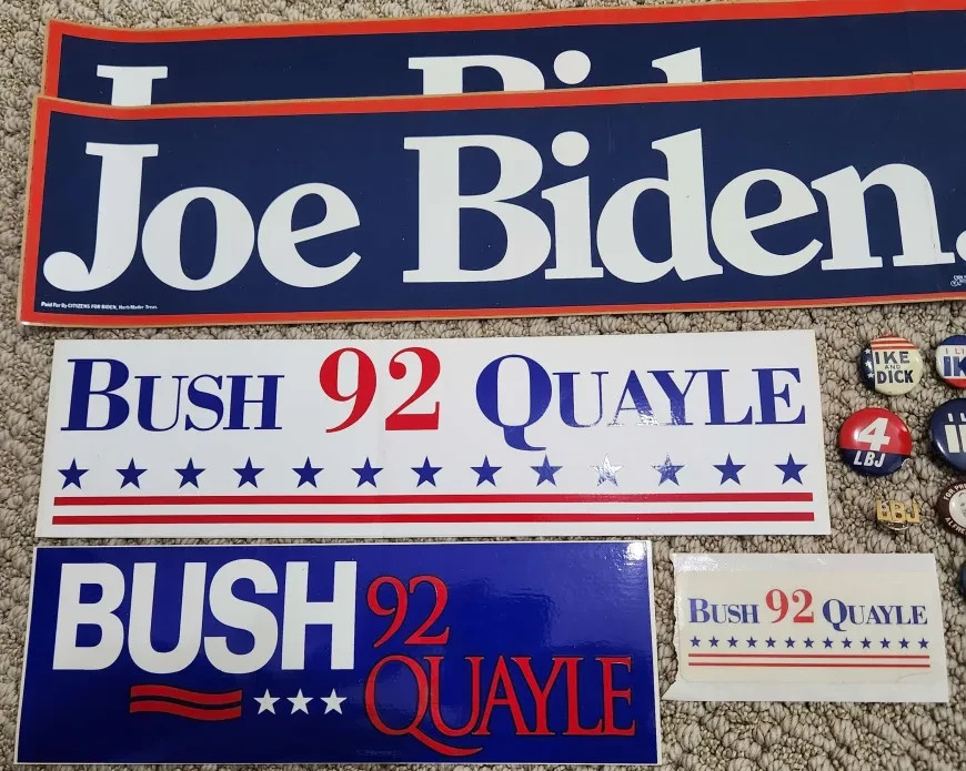 Vintage Presidential Political Pin Bumper Sticker Lot, Ike, Bush 92, Biden 88