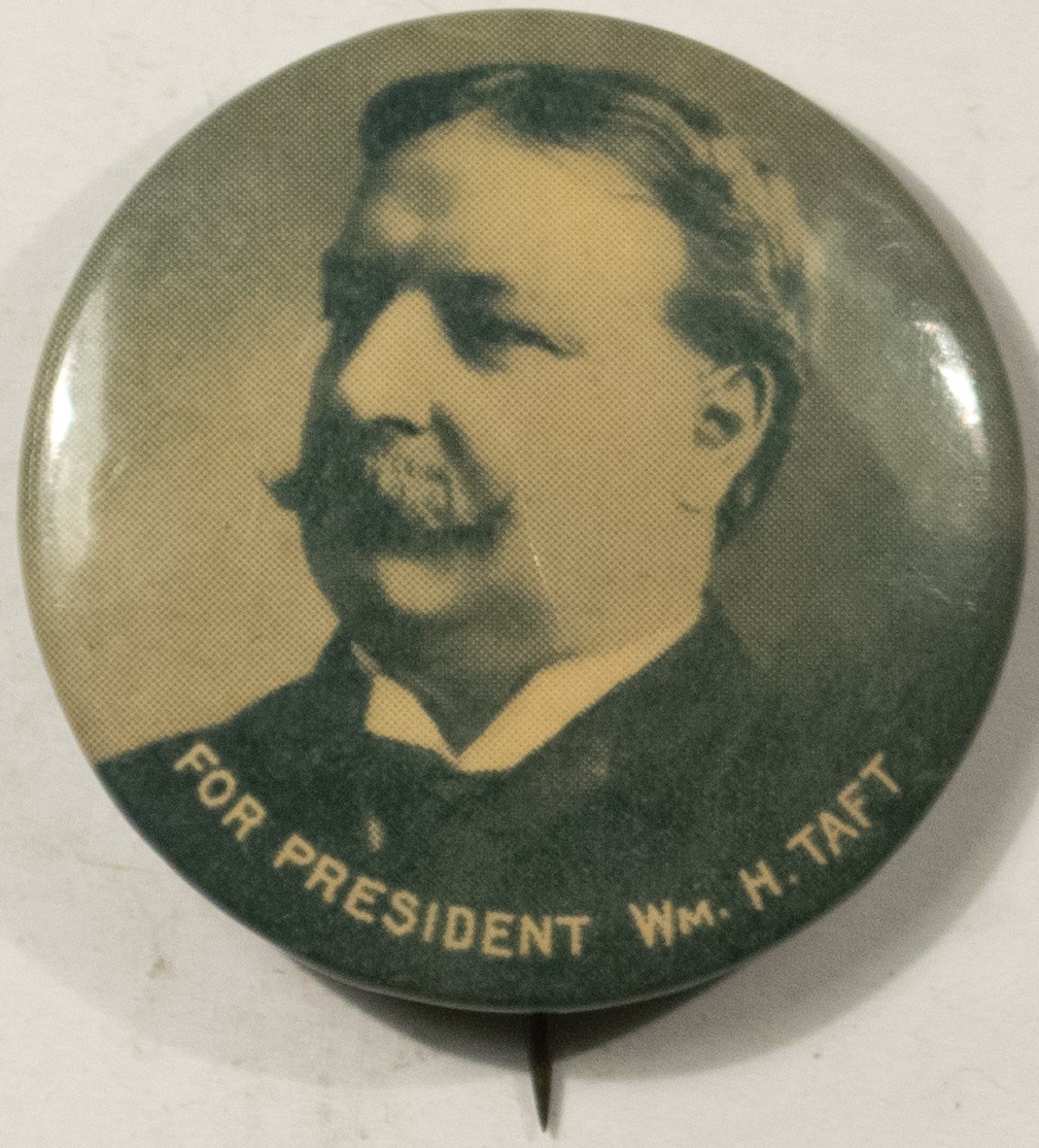 1908 WILLIAM H. TAFT 1 1/4″ REAL PHOTO SEPIA BUTTON – NEAR MINT W/ BACK PAPER!