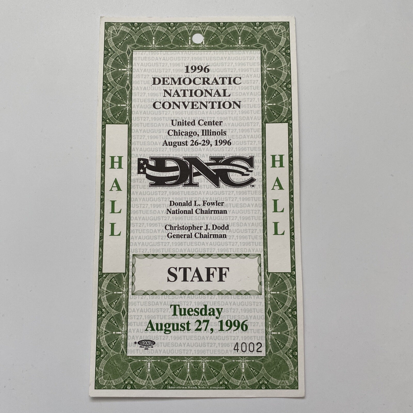 1996 Democratic National Convention Hall Staff Credential President Bill Clinton