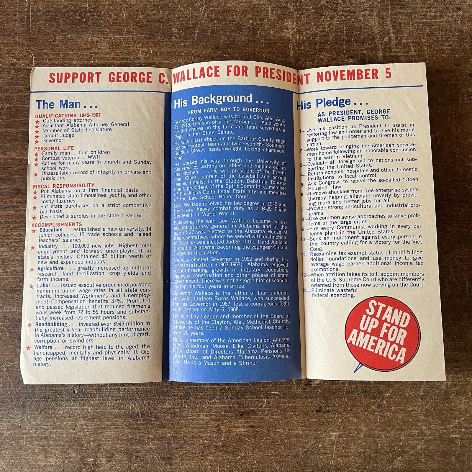 Lot of 3 George Wallace for President 1968 Campaign Pamphlets Ephemera Unions