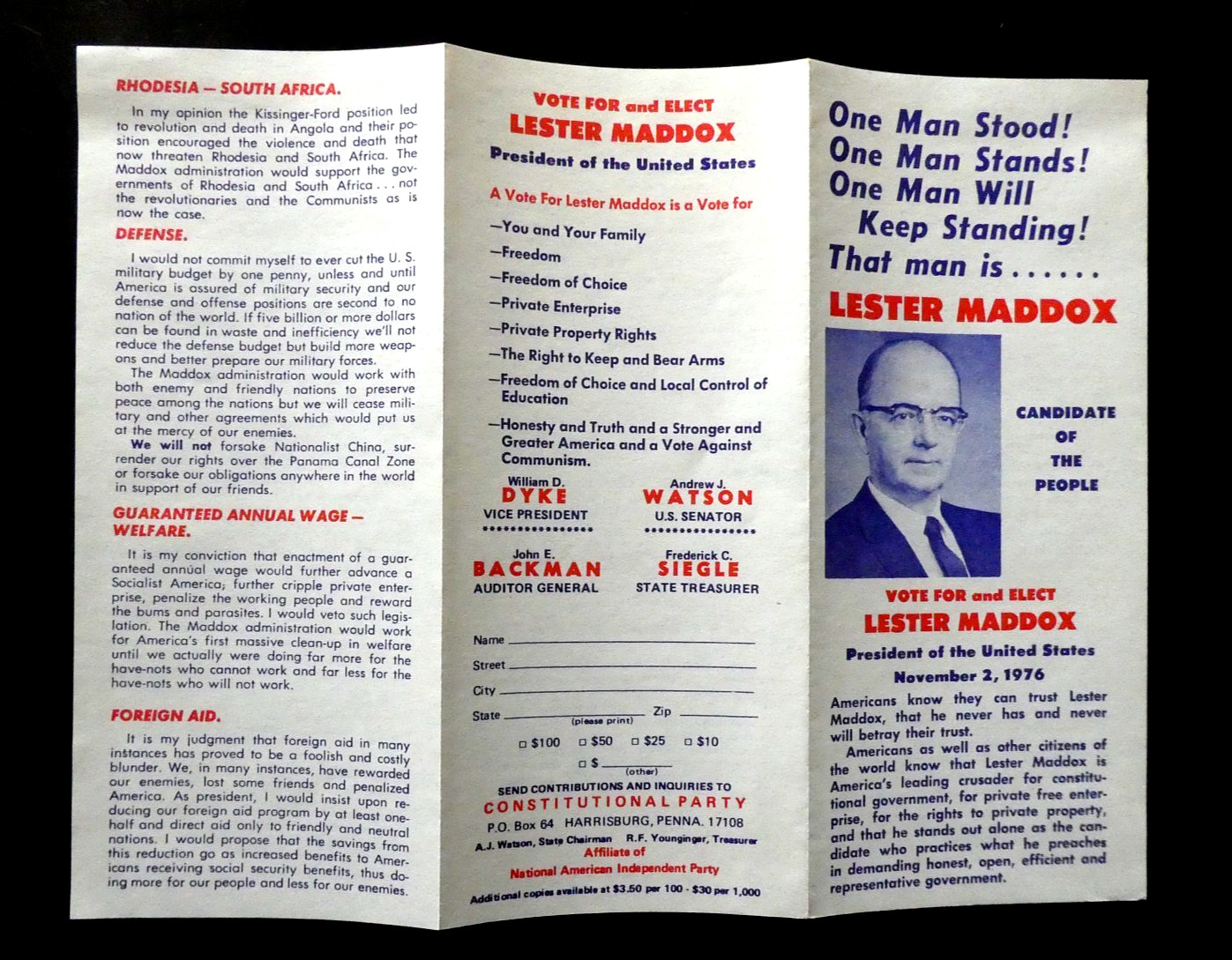 1976 Lester Maddox For President Brochure Cards Georgia Governor segregationist