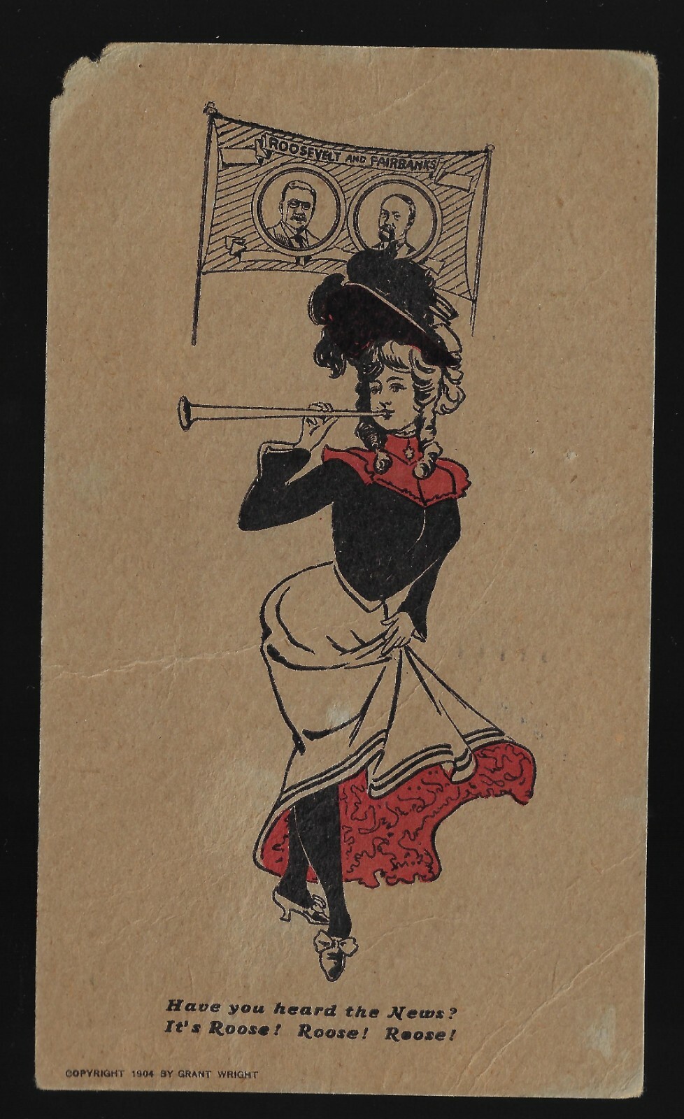 1904 Gibson Girl Style Prez Campaign ‘toon Postcard Roosevelt Fairbanks NAME KEY