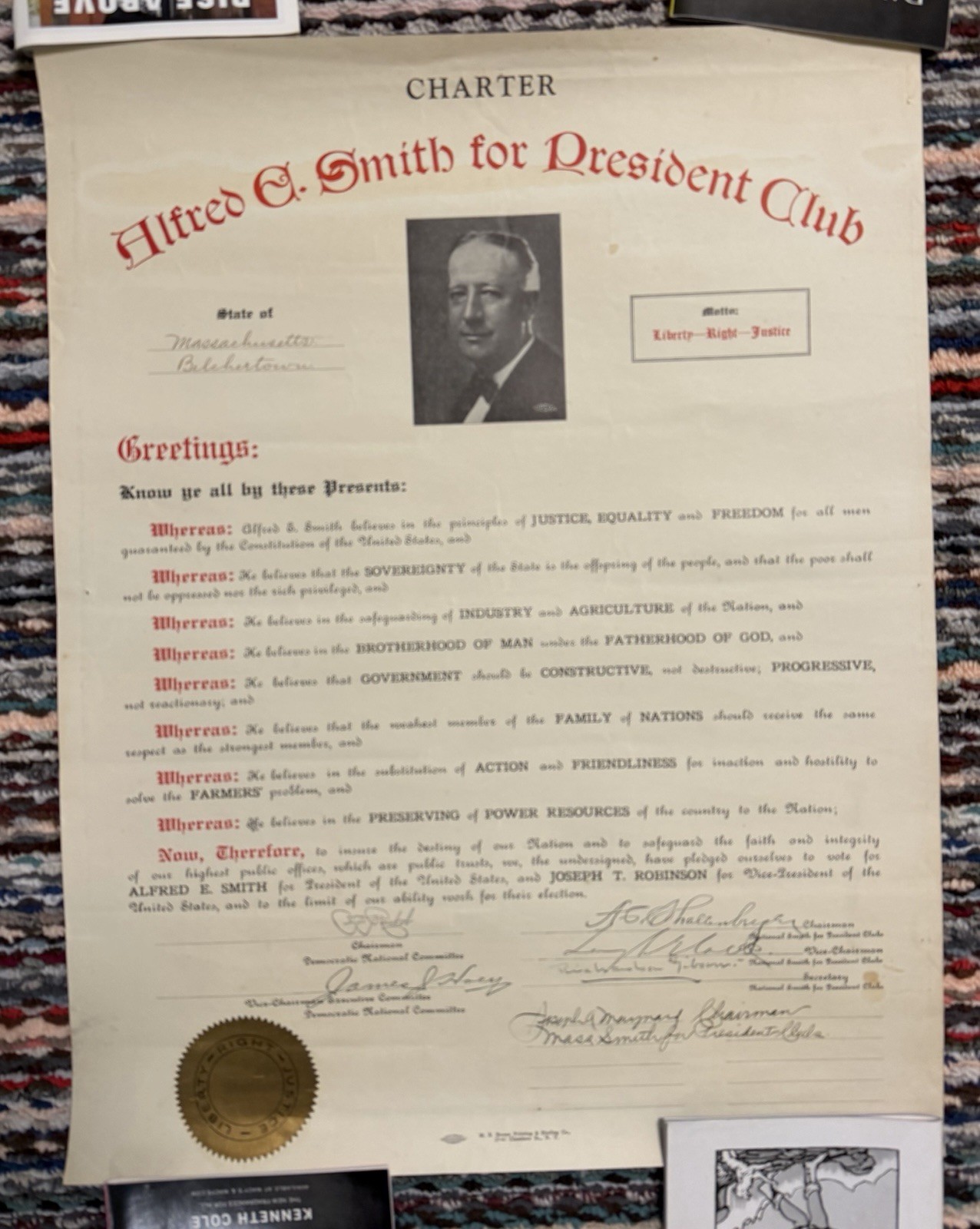 Al Smith 1928 Presidential Campaign Charter