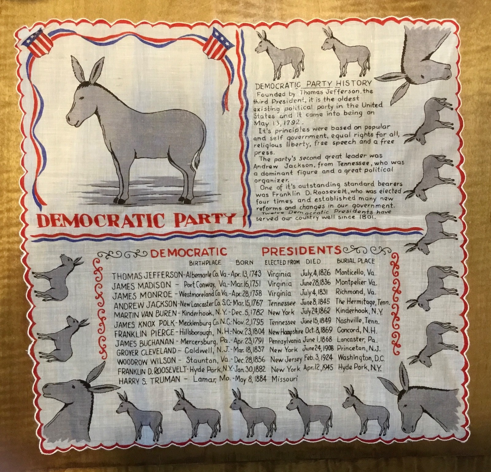 Vintage DEMOCRATIC HANDKERCHIEF – Dem Party Jefferson – Truman – donkeys 13”