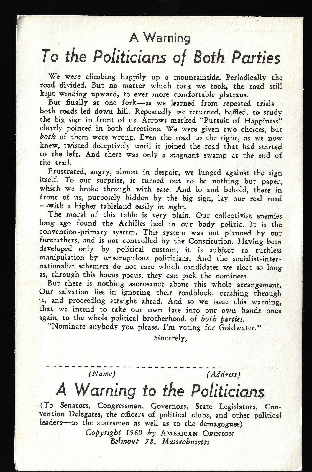 1960 (Yes, 1960) Barry Goldwater for President Campaign Postcard Larger Size