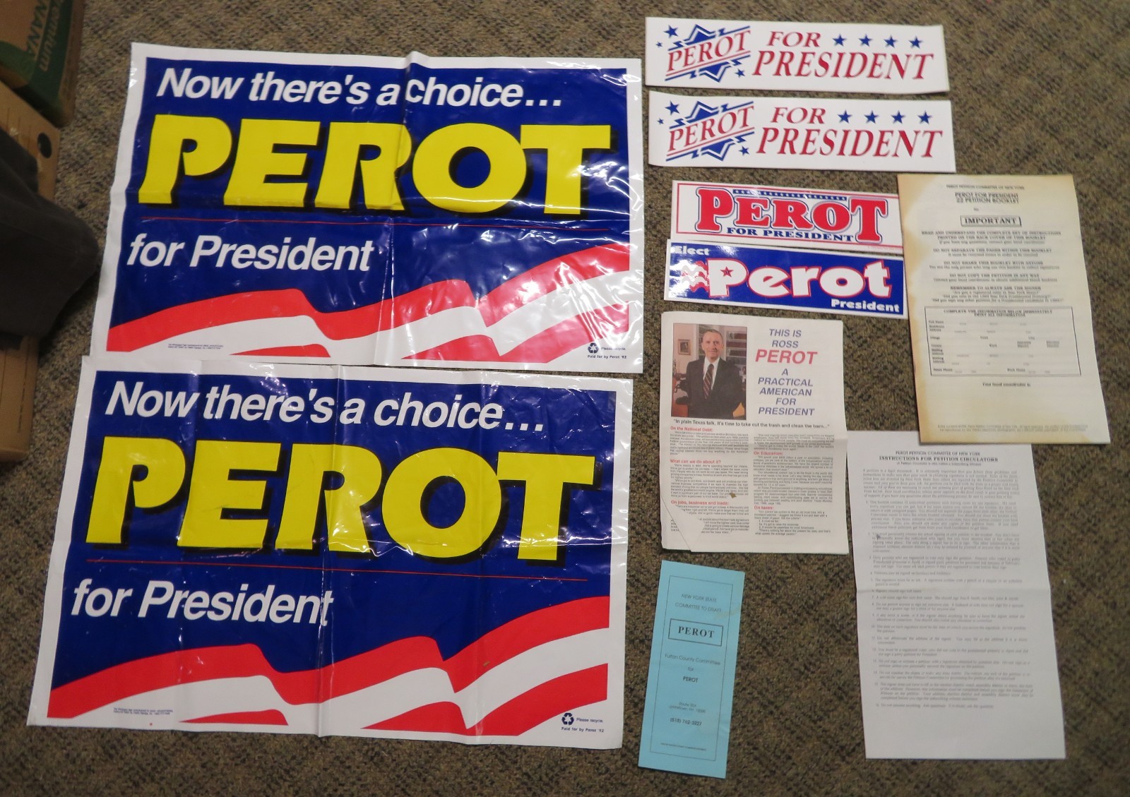 1996 Perot for President plastic political yard sign 16×25.5, bumper stickers