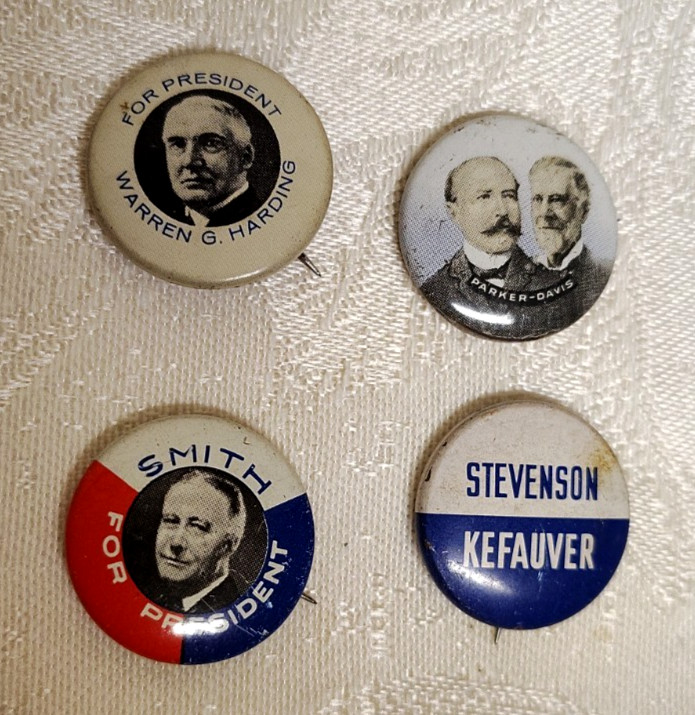 Smith, Harding, Parker-Davis, Stevensen Campaign Pinbacks reproduced in 1970’s