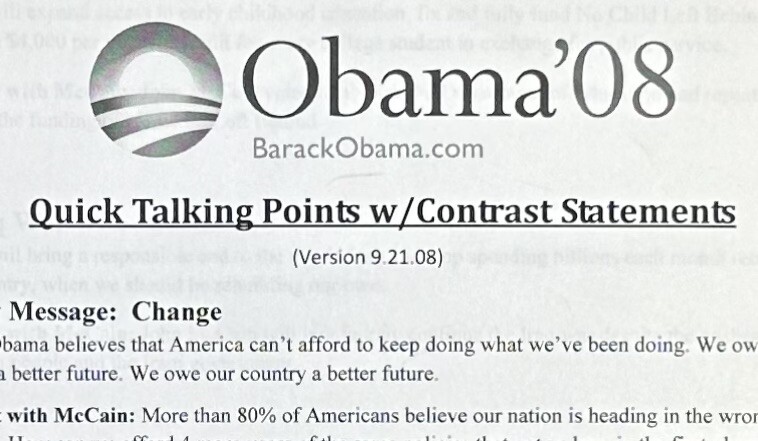 2008 Barack Obama Talking Points/Contrasts Press Release Presidential Campaign
