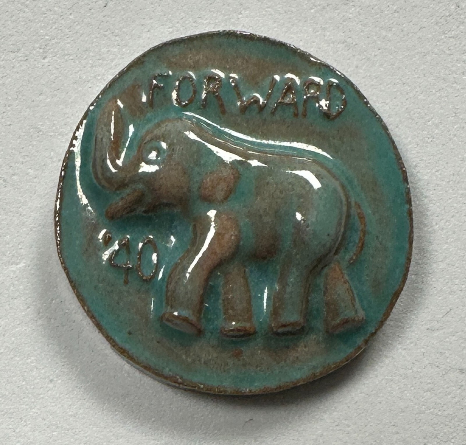 1940 McCoy Ceramic Willkie Elephant “Forward ’40” Campaign Pin