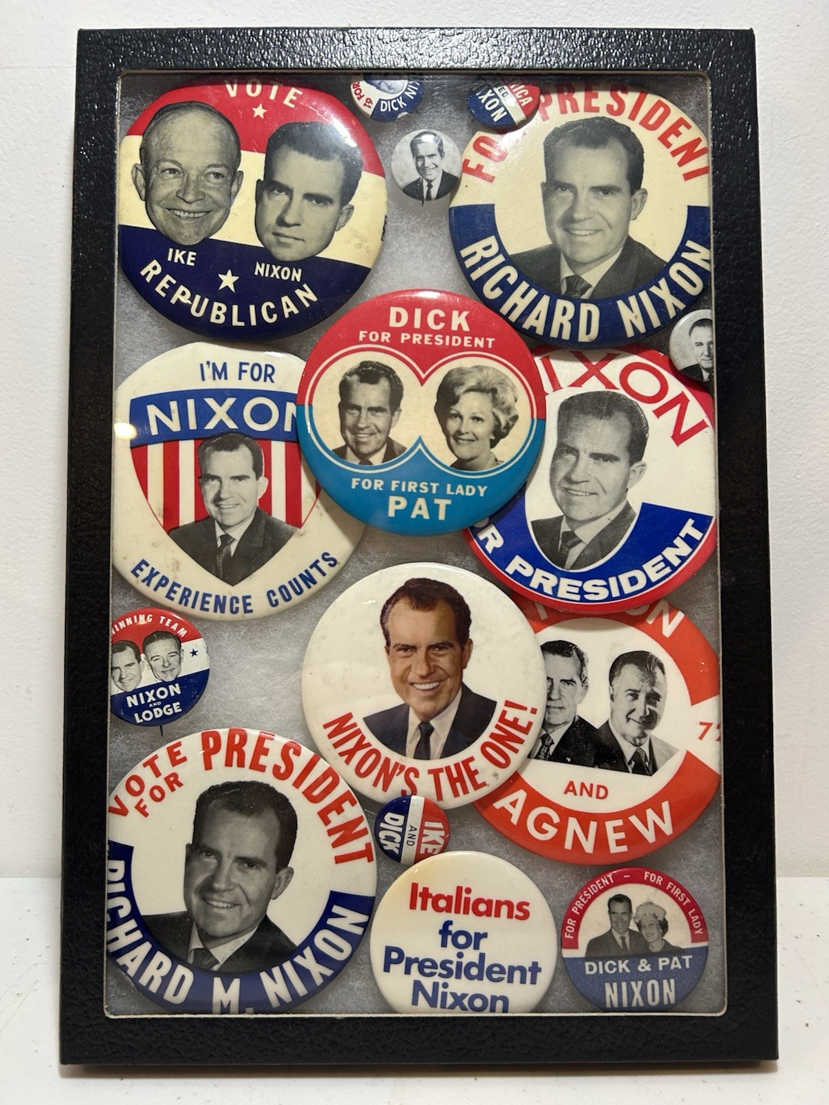 Vintage Framed Richard Nixon Campaign Buttons Shadow Box Collection Ike Agnew