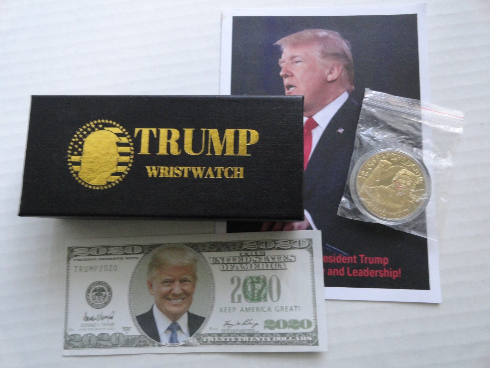 Trump Collection lot : Watch / Coin / card / bill — 4 Collectible items Maga
