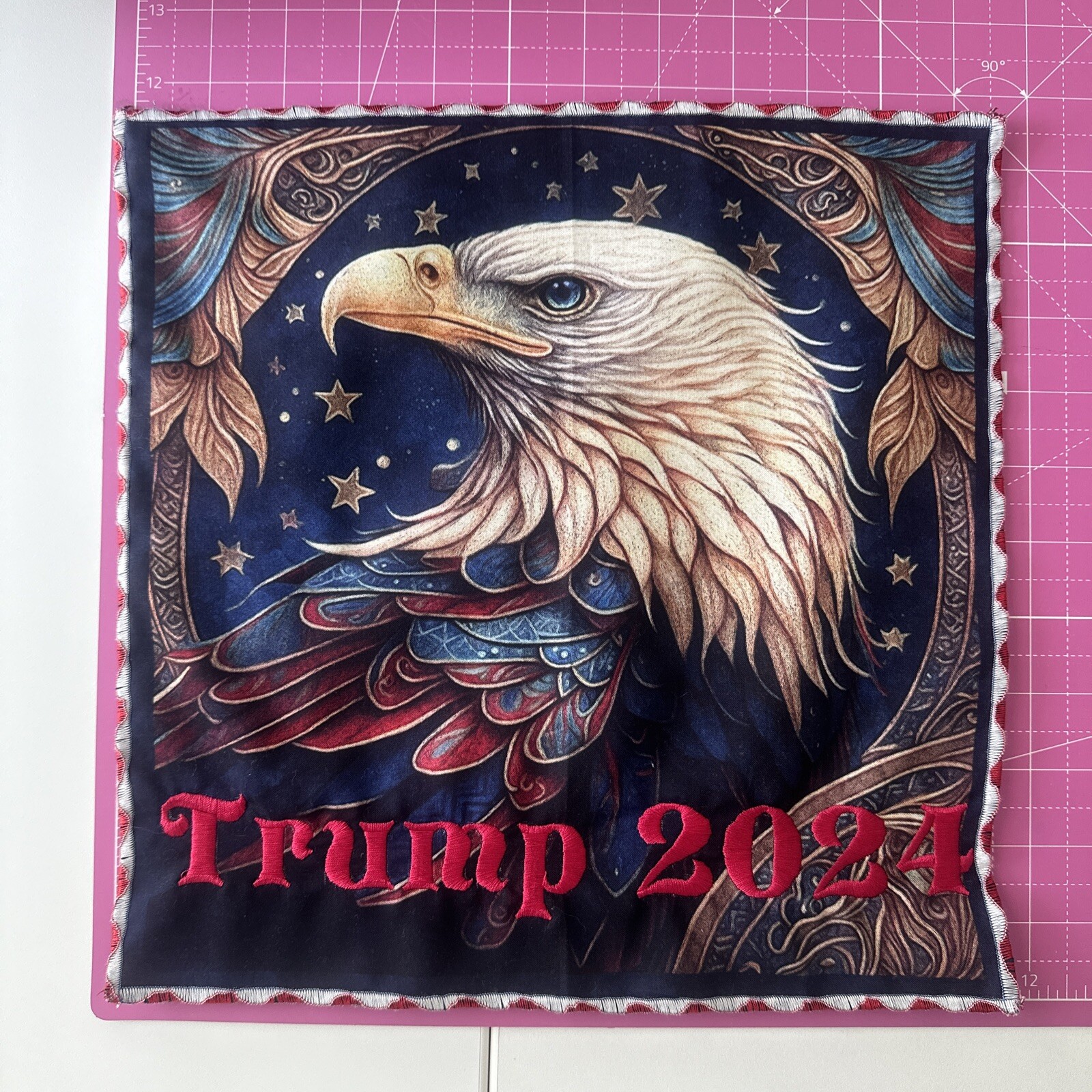 Trump 2024 Eagle Embroidered Fabric Square Red White Blue Wave Stitch Boarders