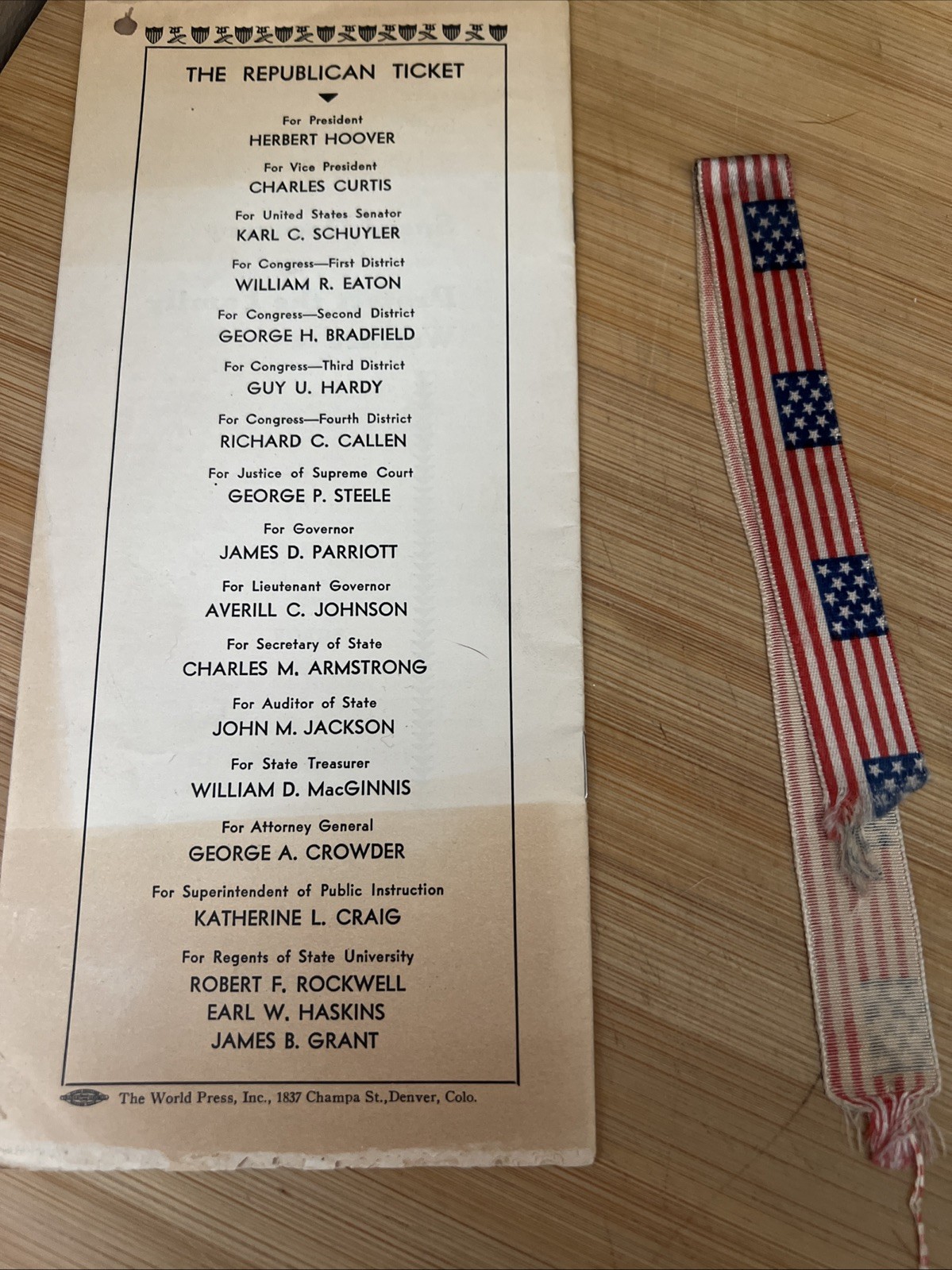 1932 COLORADO REPUBLICAN PARTY CAMPAIGN BROCHURE HERBERT HOOVER/ CURTIS/ RIBBON