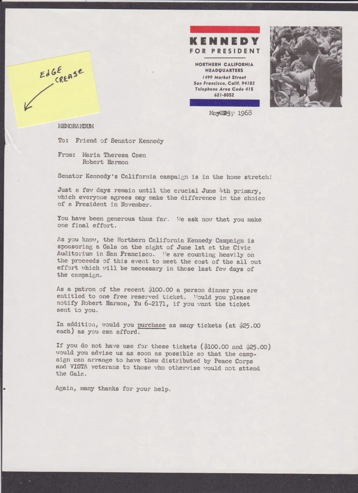 1968 Robert F Kennedy Letter (Edge Crease) Asking for Fin. Support At GALA Event