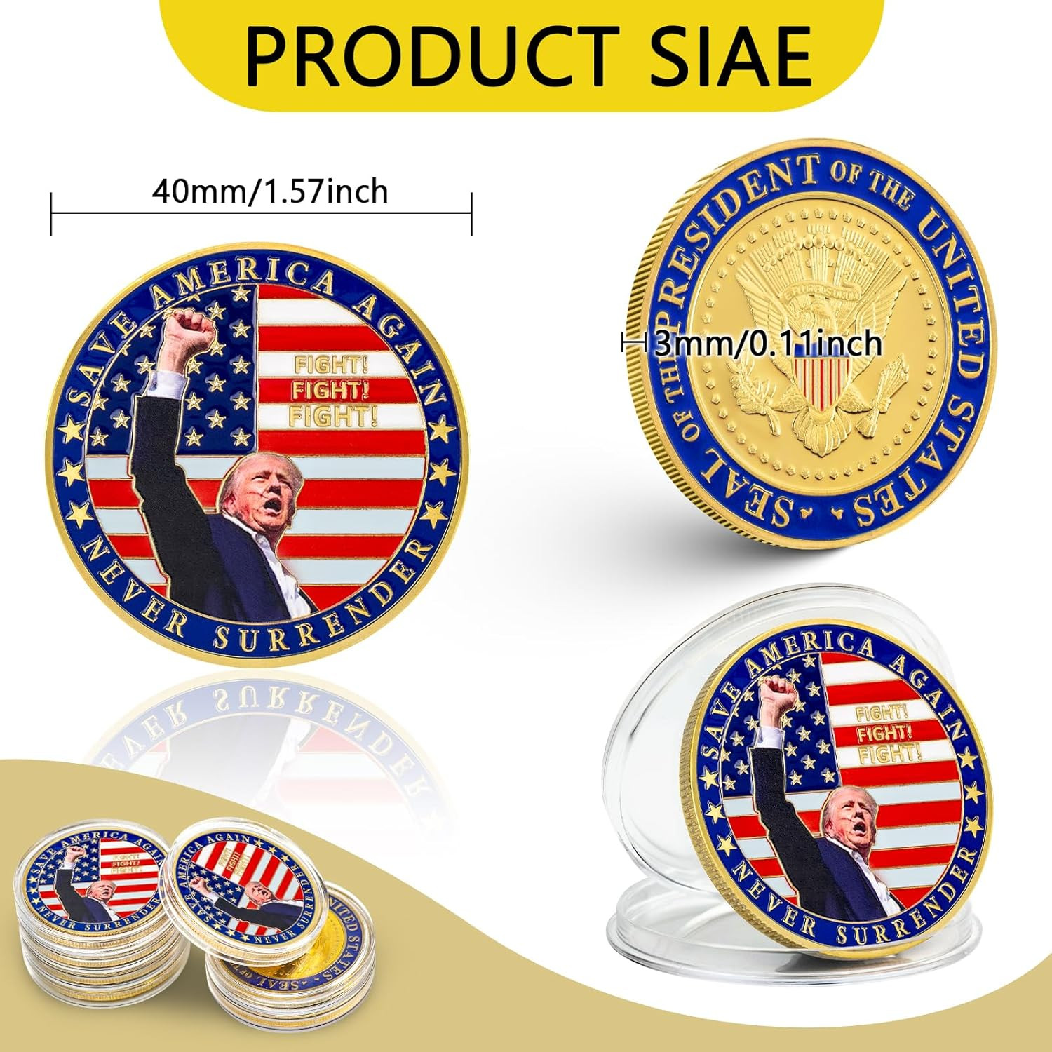 Donald Trump Challenge Coin, President Donald Trump Coin 2024 Collection, Never