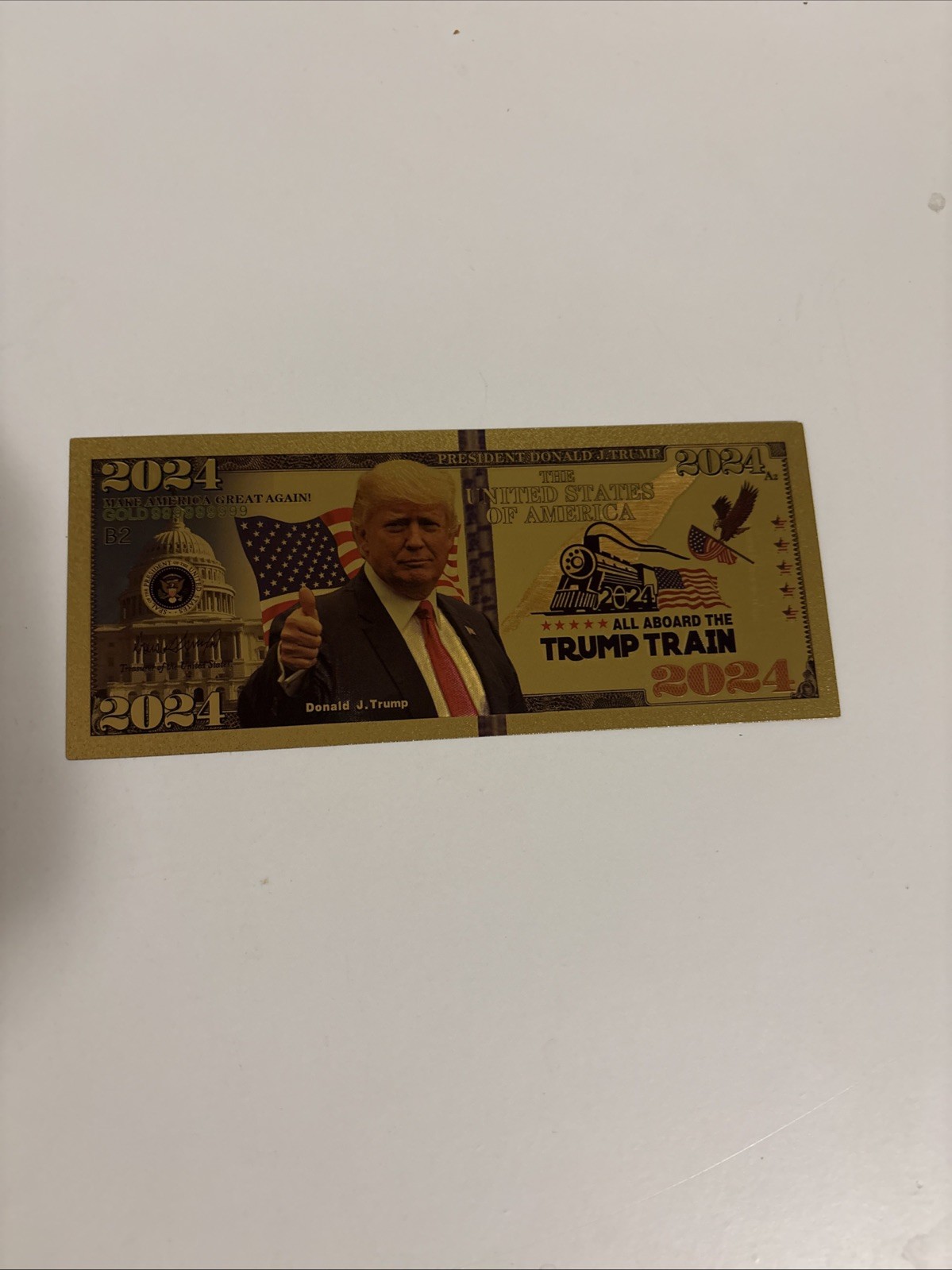 24K Gold-Plated Foil Donald J Trump 2024 -all Aboard The Trump Train Bill