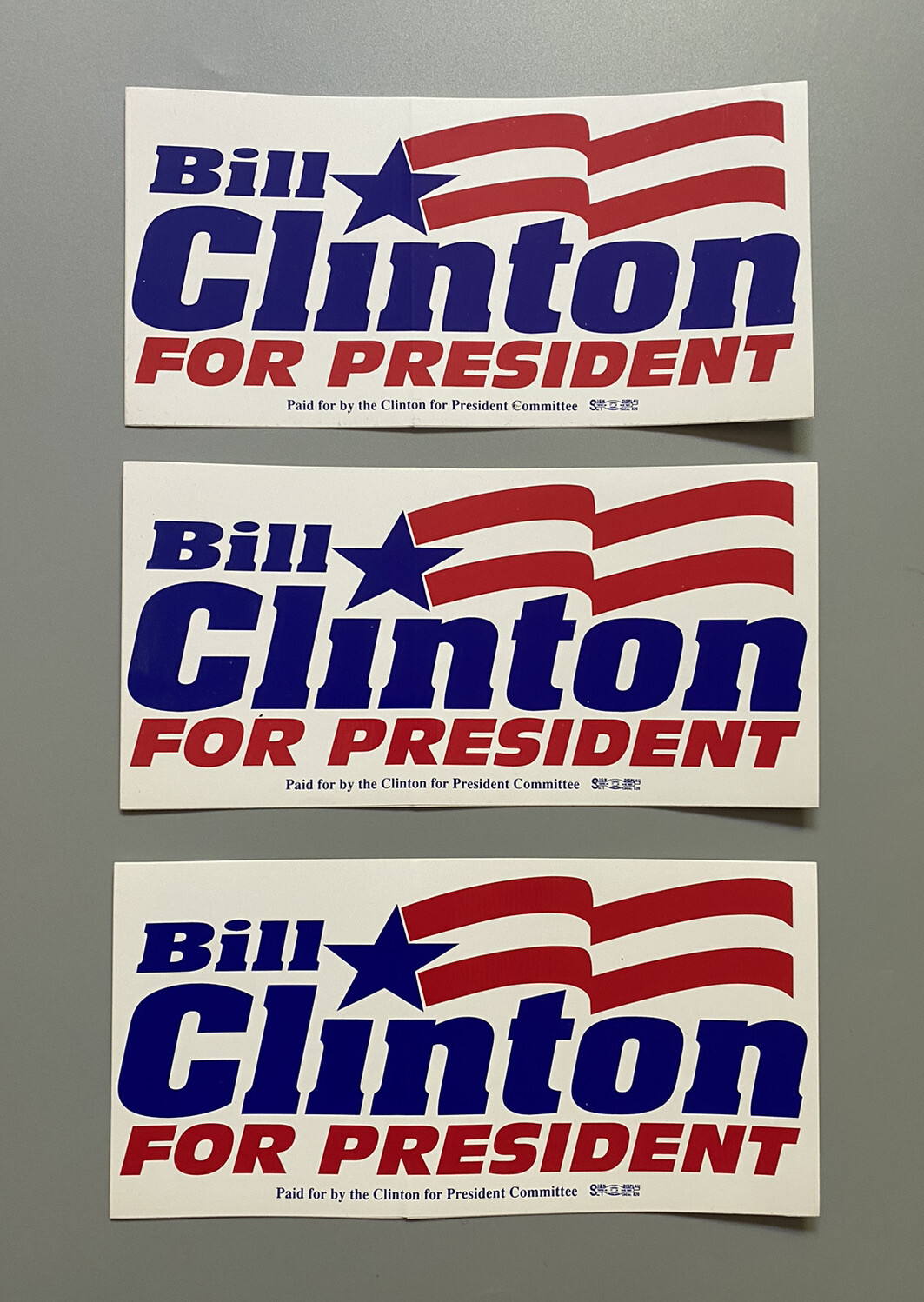 Bill Clinton For President Rectangle Bumper Sticker 7.5″ x 3.75″ Lot of 3
