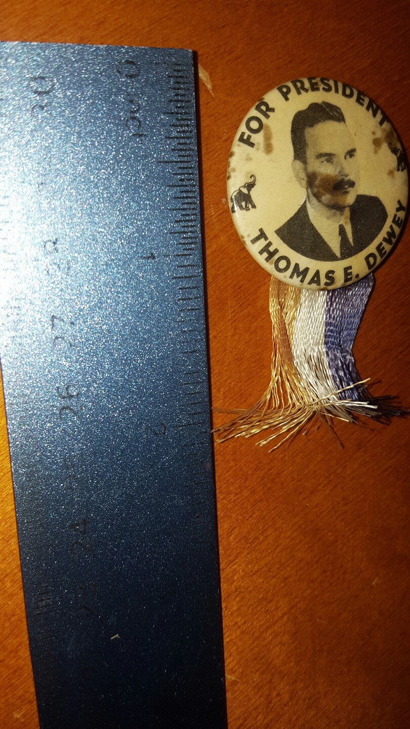 1948 CELLO PIN BUTTON THOMAS E. DEWEY FOR PRESIDENT w TINY RIBBON LOOK!