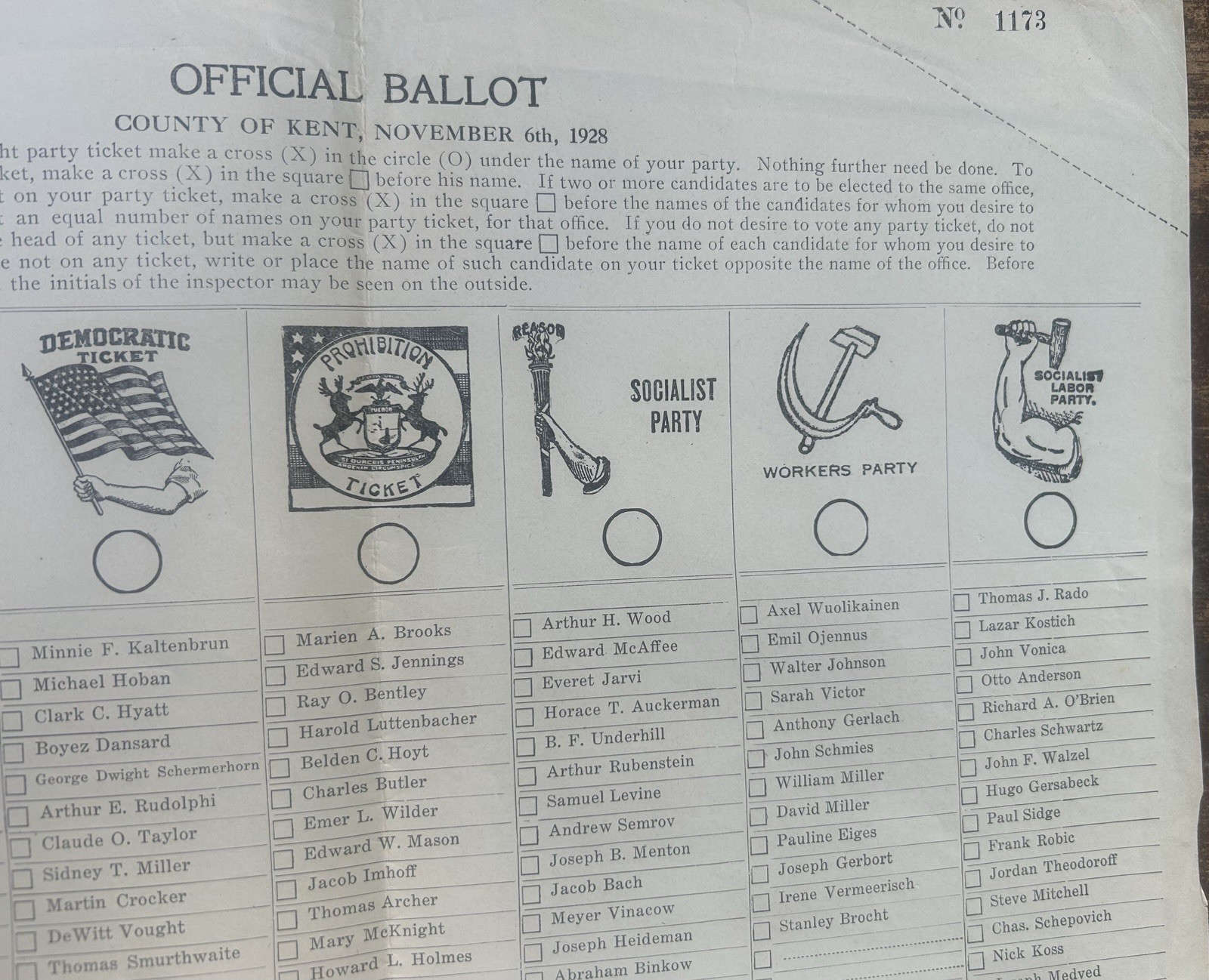1928 Large 15.5″ x 21″ Michigan Presidential Ballot Prohibition, Socialist etc.