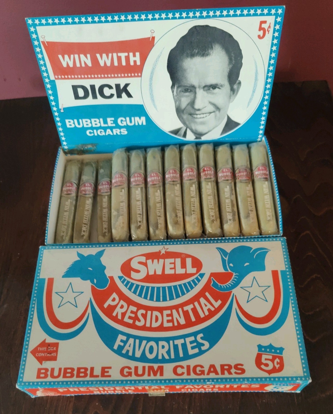 Vintage 1968 Richard Nixon Swell Bubble Gum Cigar Box – Box of 24 Pieces w/ Top