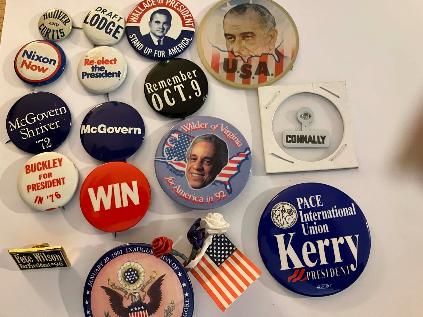 Lot of 16 presidential campaign buttons–vintage to modern –1928 to 2004