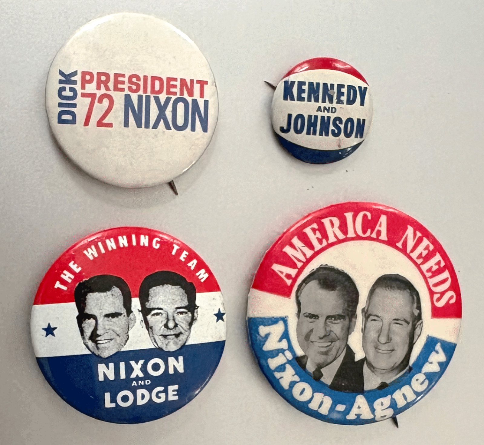 NIXON & LODGE plus NIXON-AGNEW Campaign Buttons Pins; also KENNEDY & JOHNSON