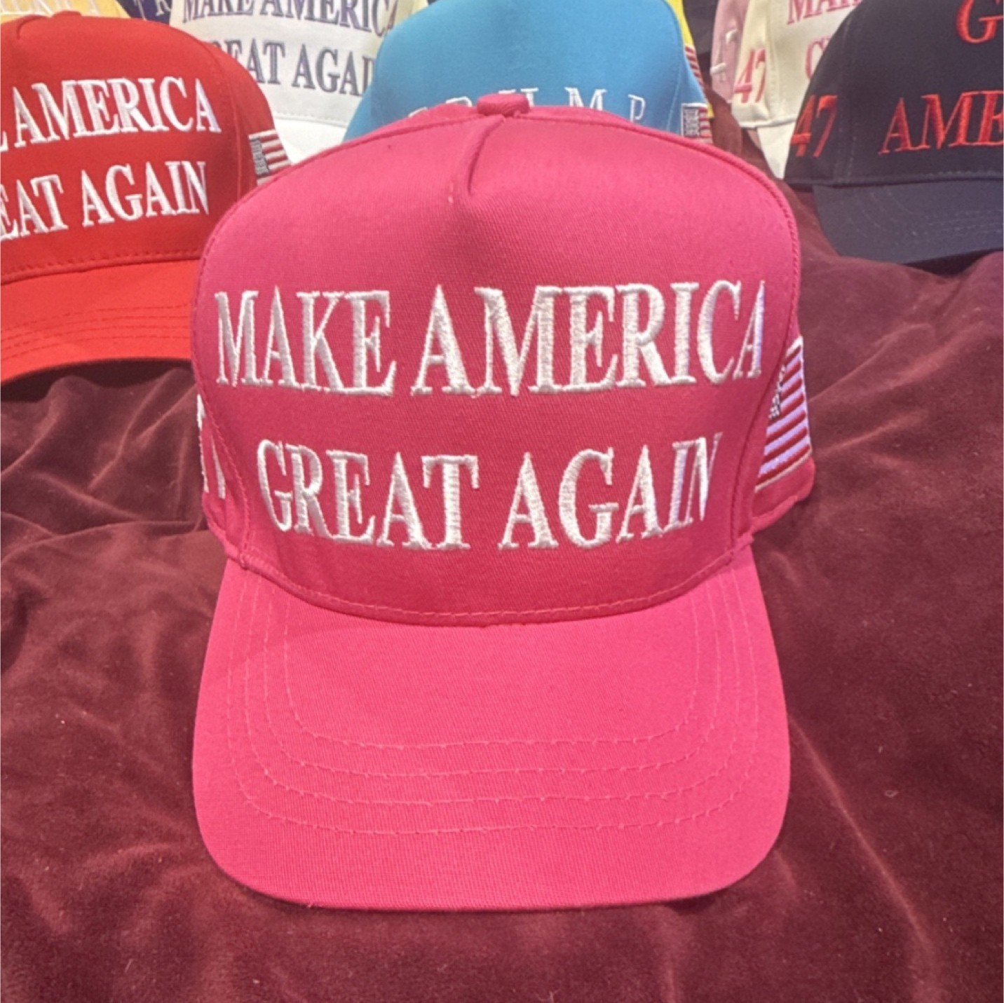Official Cali-Fame Trump 45-47 MAKE AMERICA GREAT AGAIN Pink Hat w/American flag