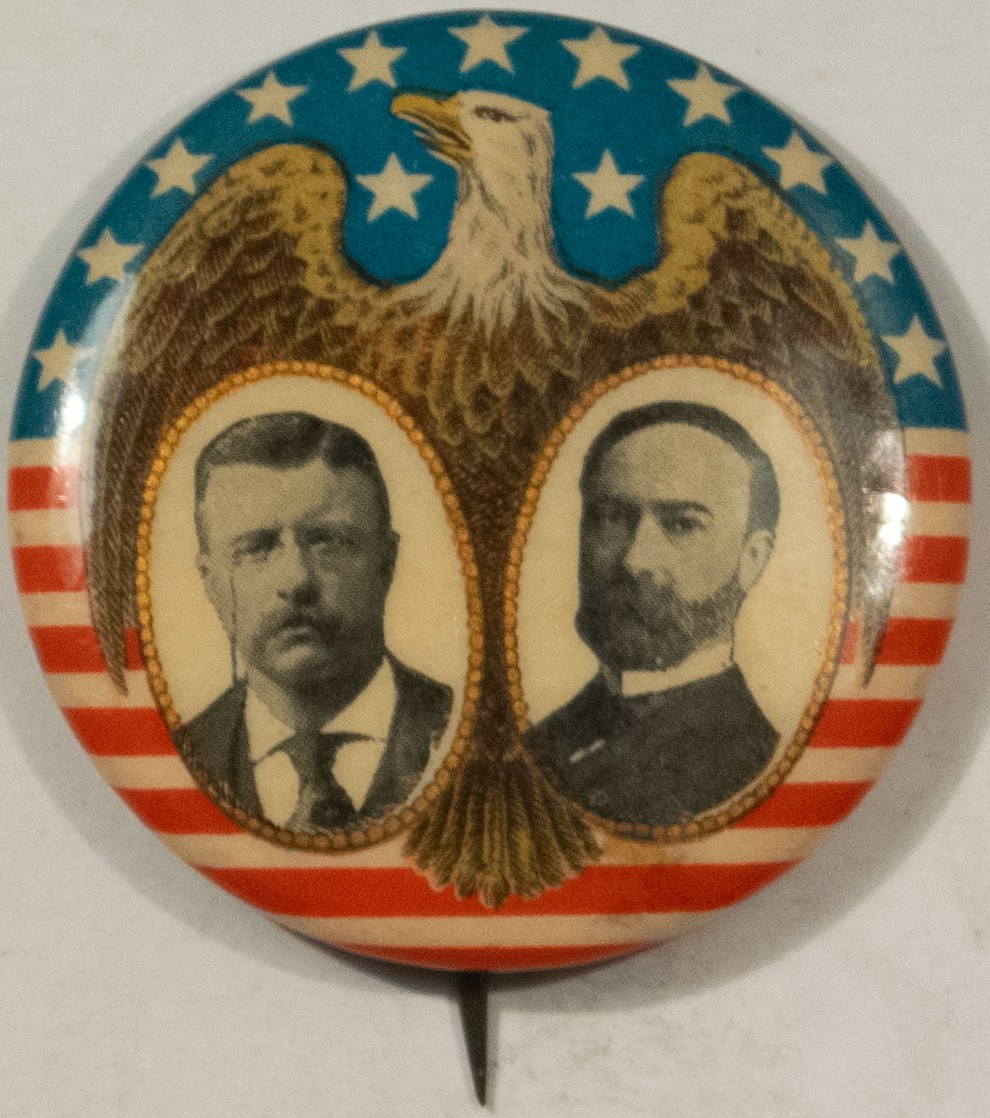 1904 ROOSEVELT-FAIRBANKS 1 1/4″ FLAG JUGATE BUTTON W/ EAGLE, BRIGHT & EXCELLENT!