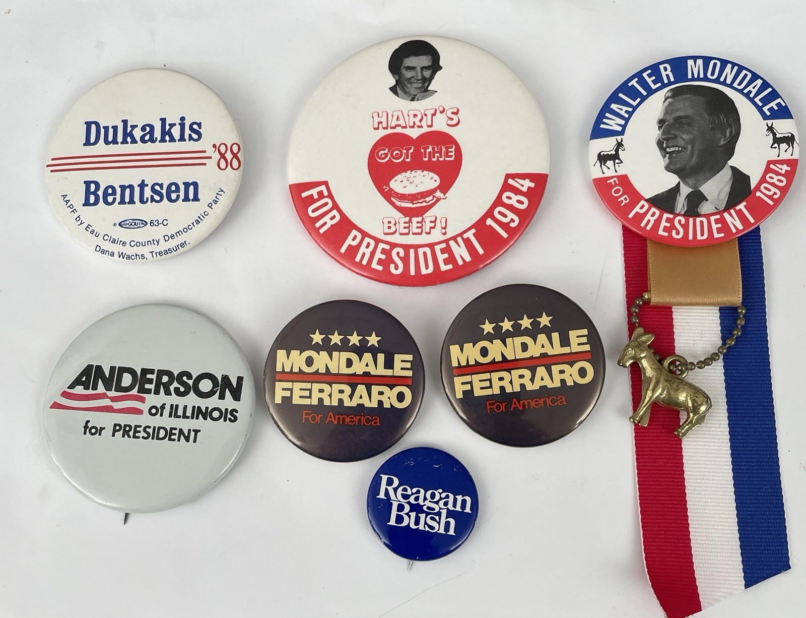 80’s Presidential Campaign Pinback Buttons Set of 7 One w/Ribbon, Hart Beef RARE