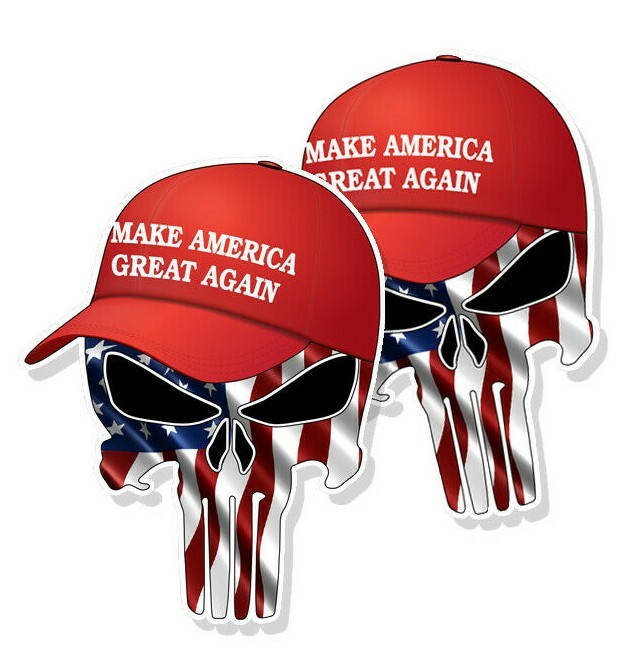 TRUMP SKULL STICKERS Waving American Flag MAGA Hat Decals 3″ tall 2-pack
