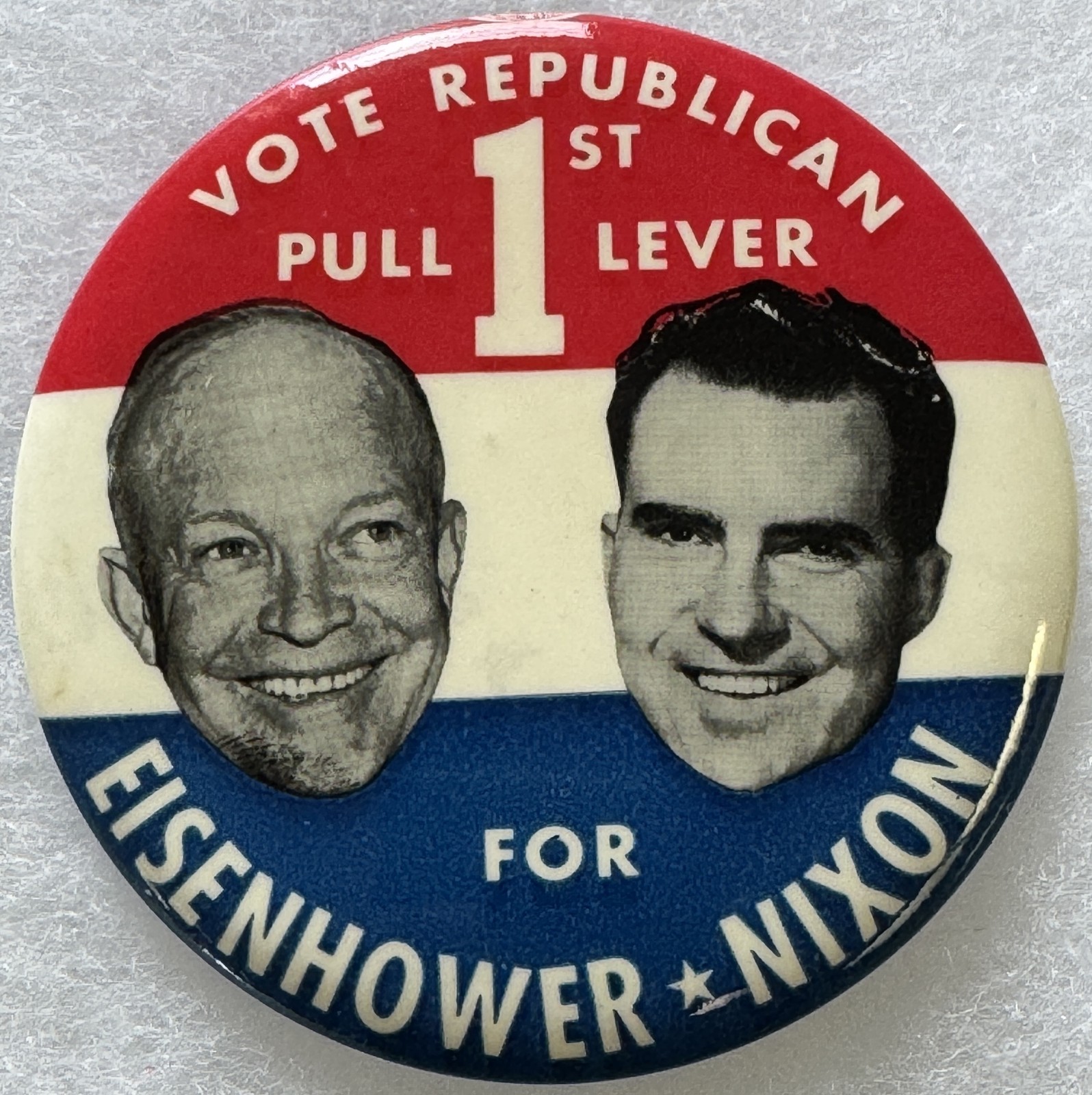 1956 EISENHOWER-NIXON “VOTE REPUBLICAN PULL 1ST LEVER” 3 1/2″ JUGATE BUTTON MINT