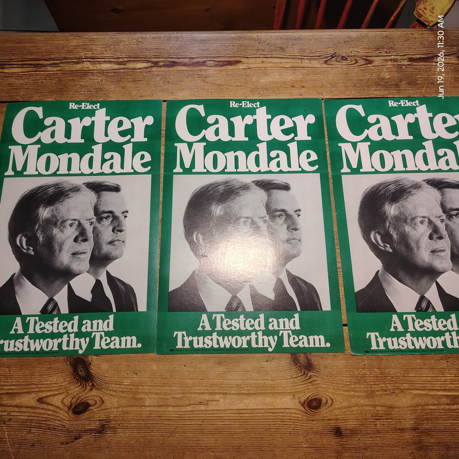 LOT OF 3 1980 RE-ELECT CARTER MONDALE CARDBOARD PRESIDENT ELECTION POSTER SIGN