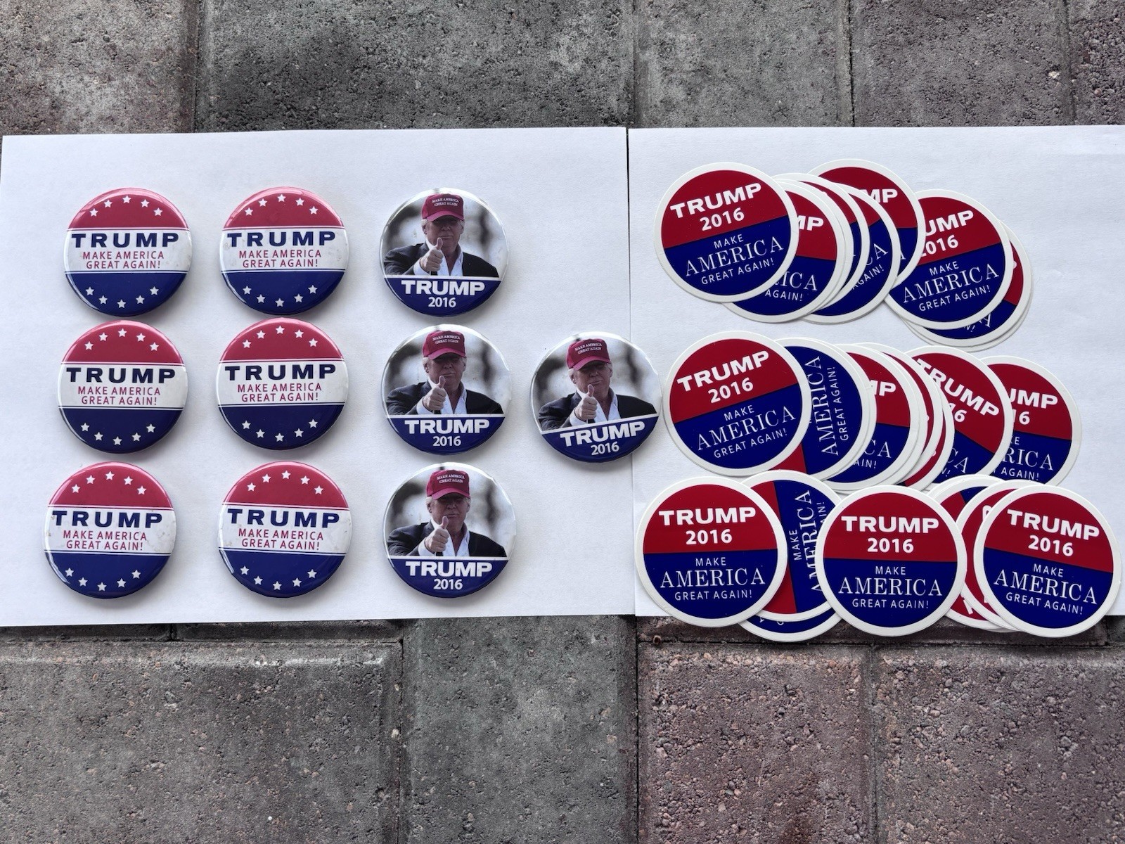 Official 2016 Donald Trump Campaign Lot – 10 Pinback Buttons & 29 MAGA Stickers