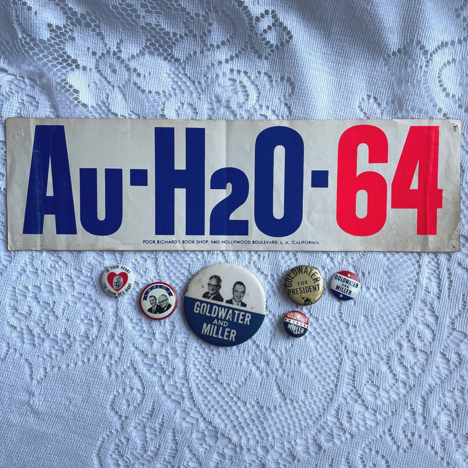VINTAGE GOLDWATER AND MILLER CAMPAIGN BUTTON PINS AND BUMPER STICKER