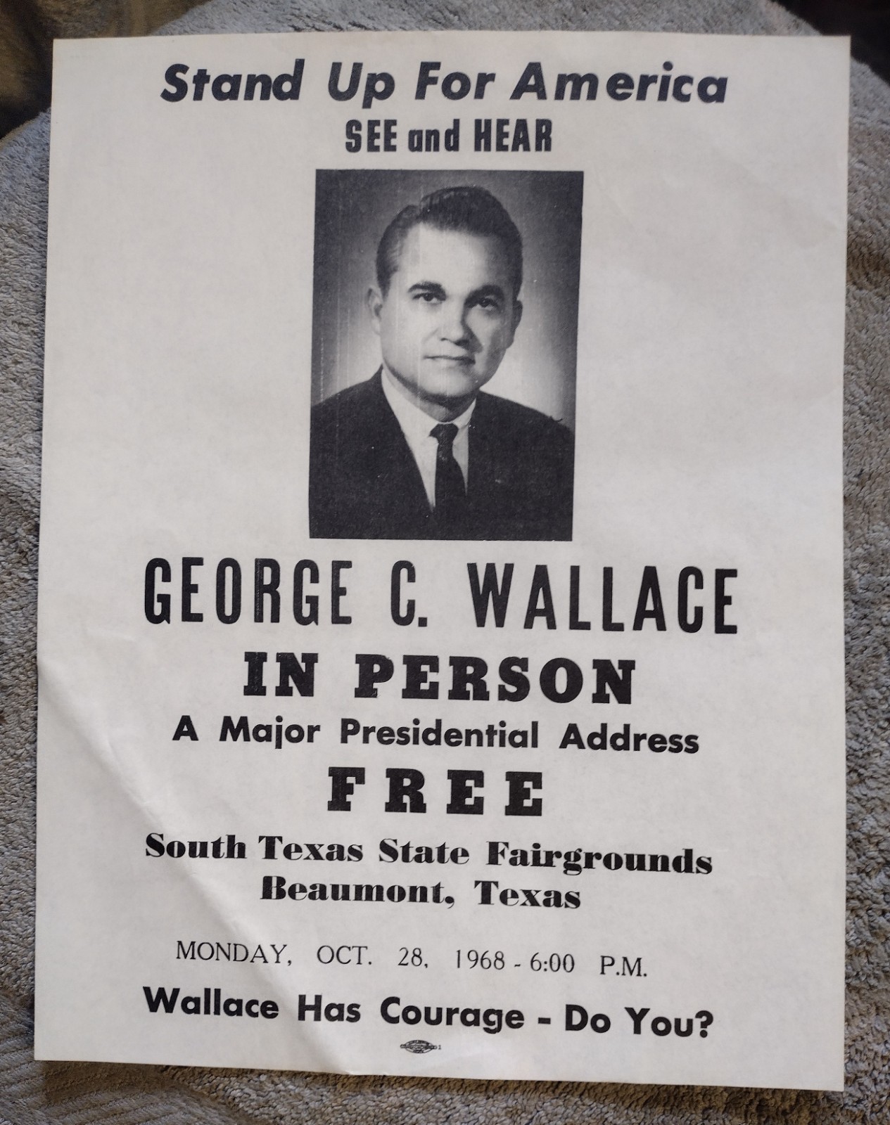 Original 1968 “George Wallace” in Person Presidential Address Flyer RARE