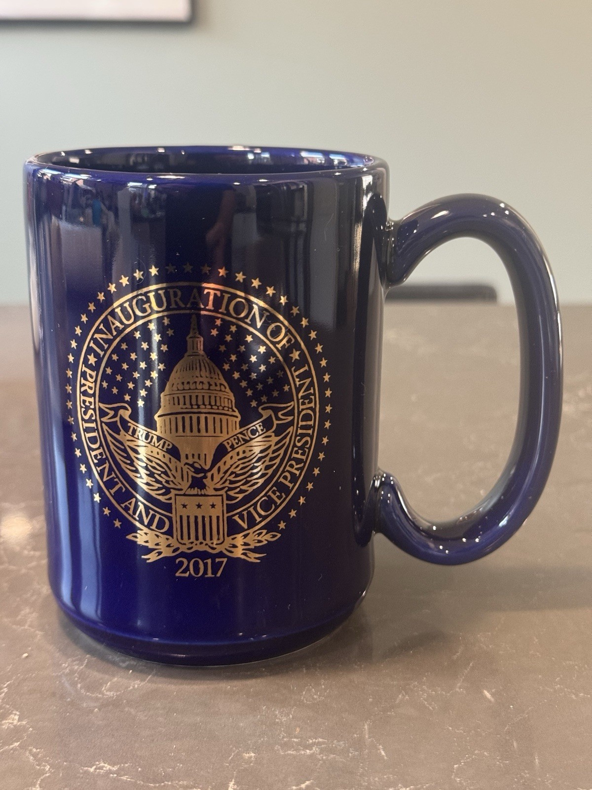 RARE!! 2017 Trump-Pence Presidential Inauguration Cobalt Blue Mug w/Gold Writing