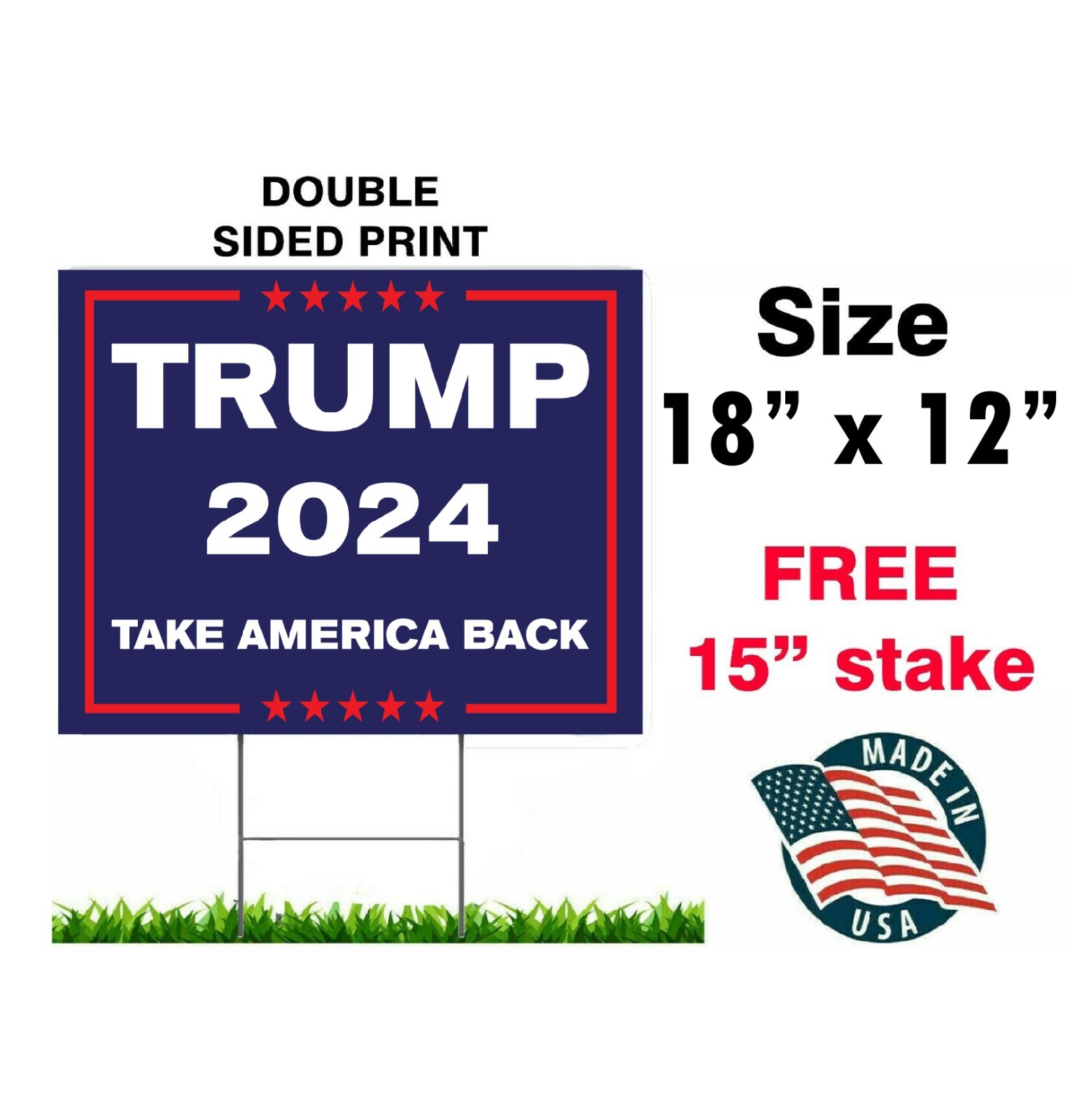 TRUMP 2024 TAKE AMERICA BACK 18″x12″ YARD SIGN WITH STAKE PENCE WHOLESALE USA