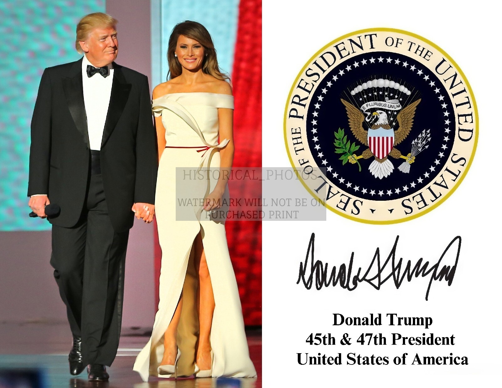 PRESIDENT DONALD TRUMP & MELANIA PRESIDENTIAL SEAL & AUTOGRAPH 8.5X11 PHOTO