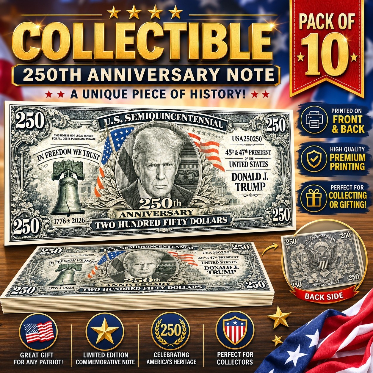 10 Pack Donald Trump USA 250th Anniversary Dollar Bill Collectible Freedom Money