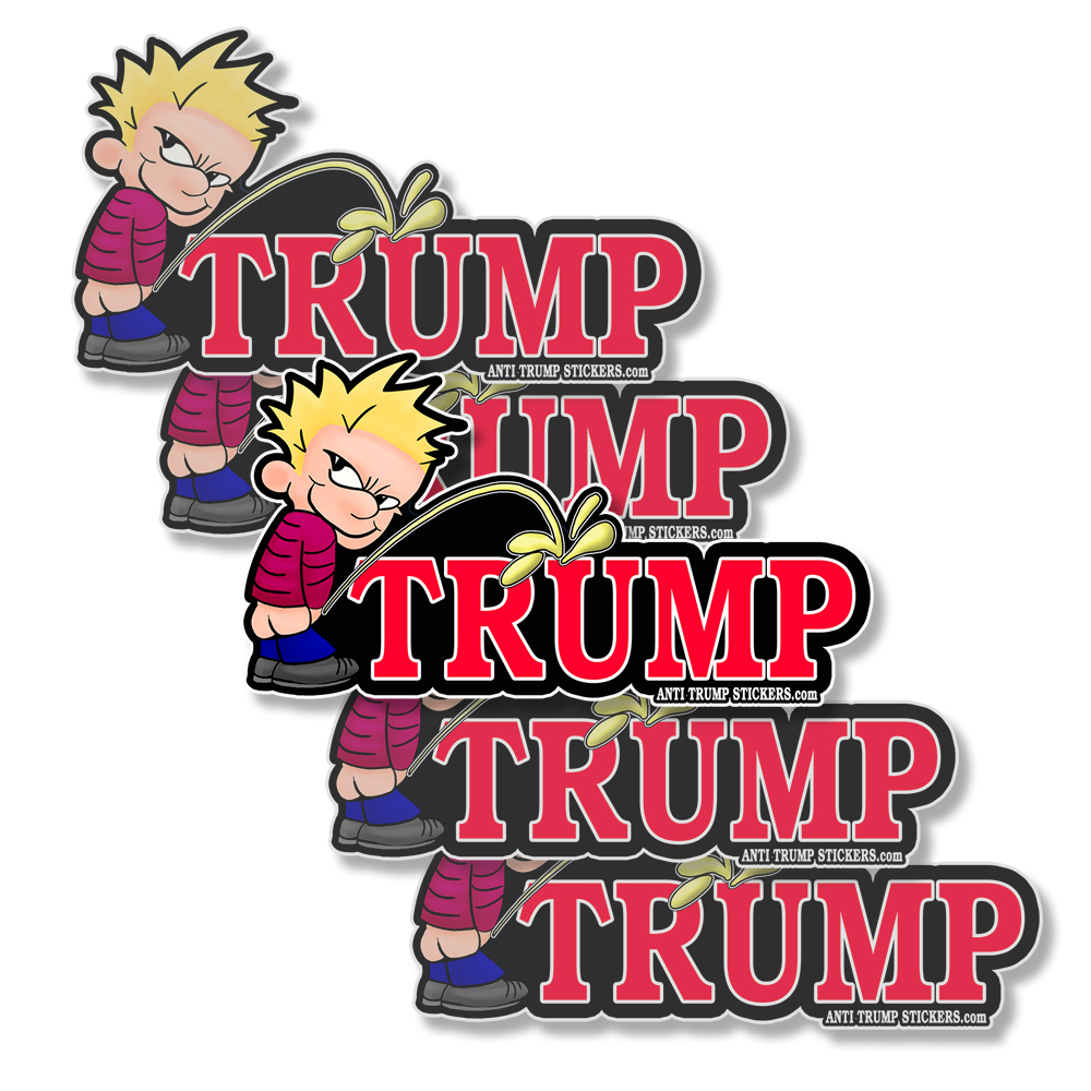 Calvin peeing on Trump funny bumper stickers 3″ wide 5-pack
