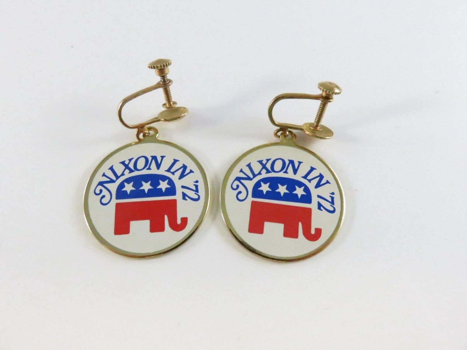 1972 Nixon in ’72 Campaign Earrings GOP Elephant Screw-Back Dangle Vintage Pair