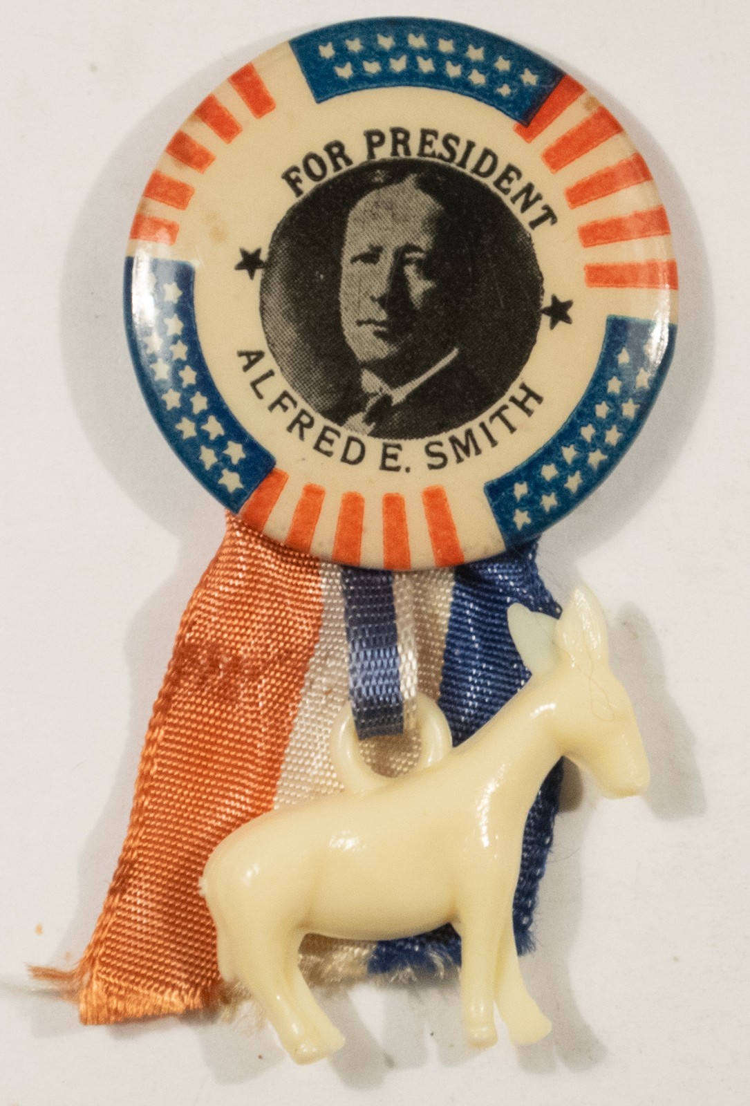 1928 AL SMITH 1 1/4″ FOR PRESIDENT ALFRED E SMITH W/ RIBBON DONKEY – NEAR MINT!