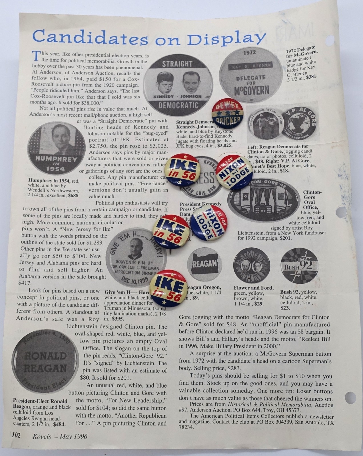 1956 Campain Candidates on Display Pins-Ike in 56-Nixon and Lodge