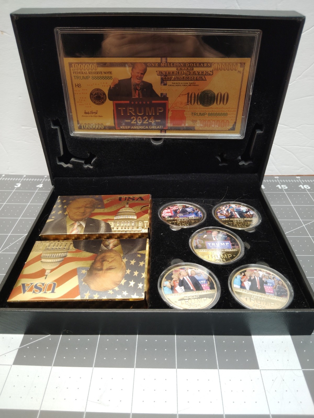 MAGA 2024 Trump New In Case 5 Coins And 2 Decks Of Cards Gold Foil Set OBO