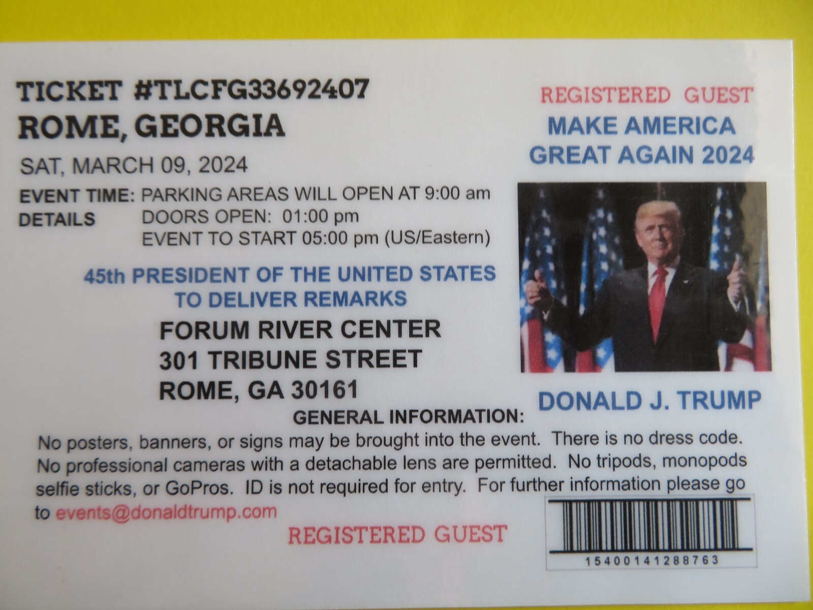 DONALD TRUMP, REGISTERED GUEST, ROME, GEORGIA, MARCH 09, 2024, MAGA RALLY TICKET