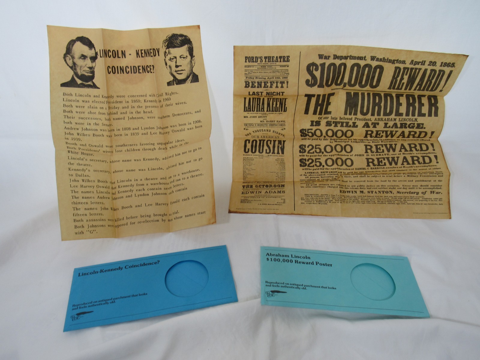2 1865 posters war dept 100,000 reward murderer of our President Lincoln repro